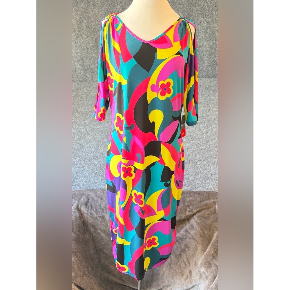 BOLD elements Teal Hot Pink Yellow Black Floral Swirl Midi Dress